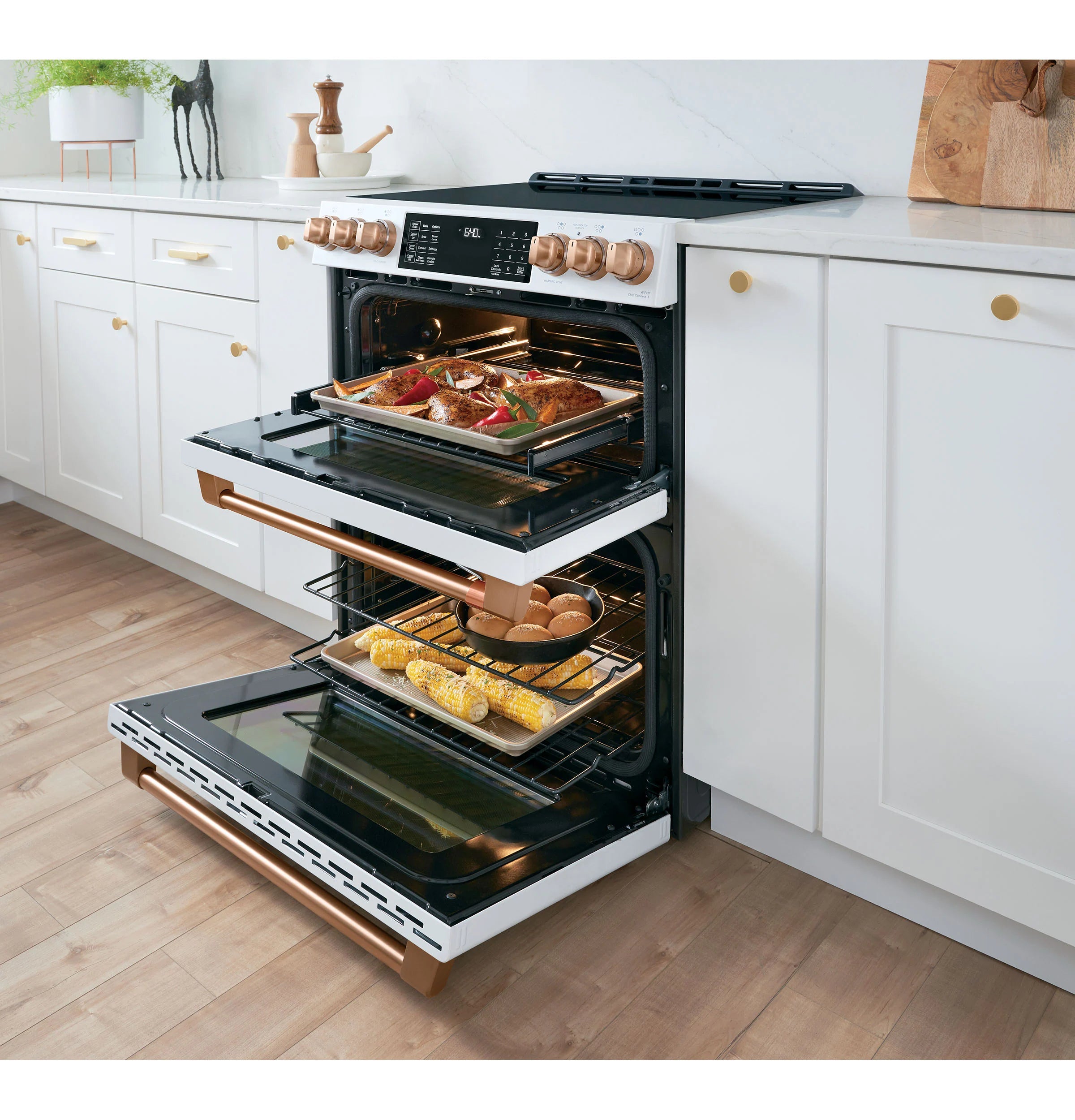 30-In 5 Burners 4.3-Cu Ft , 2.4-Cu Ft Air Fry Convection Oven Slide-In Double Induction Range ( Matte White with Brushed Bronze Handles )