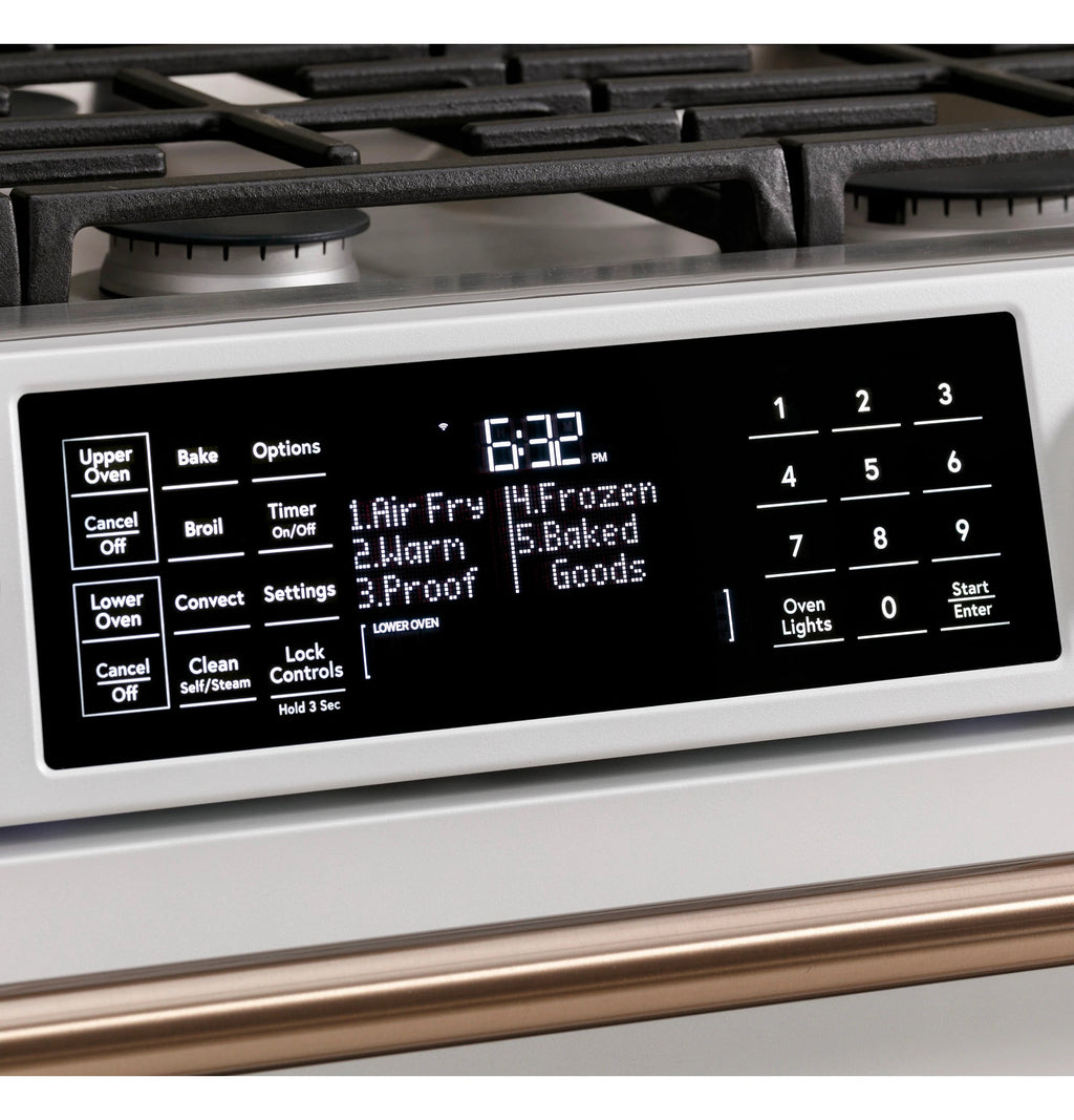 30-In 6 Burners 4.3-Cu Ft / 2.4-Cu Ft Air Fry Convection Oven Slide-In Double Oven Gas Range ( Matte White with Brushed Bronze Handles )