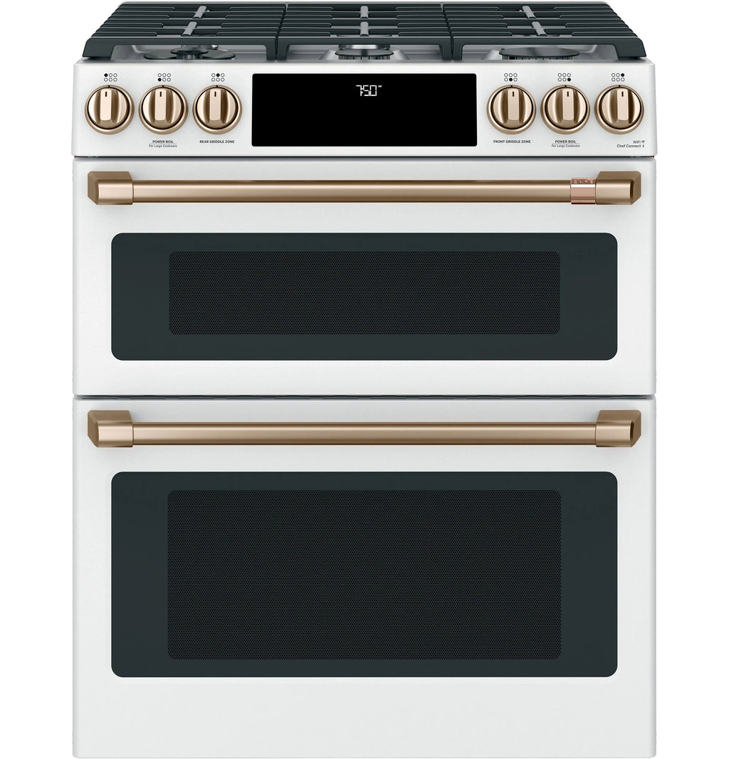 30-In 6 Burners 4.3-Cu Ft / 2.4-Cu Ft Air Fry Convection Oven Slide-In Double Oven Gas Range ( Matte White with Brushed Bronze Handles )