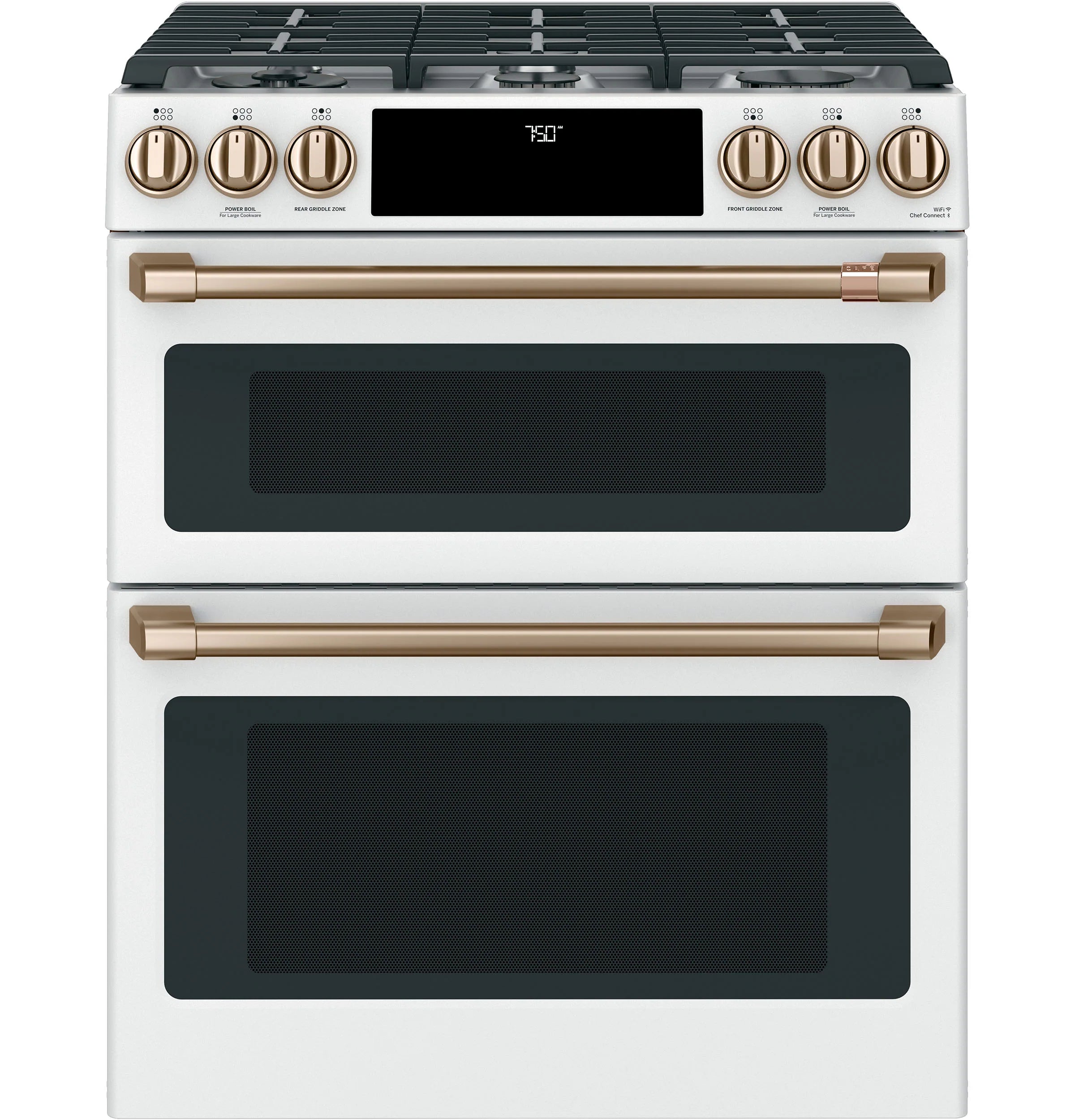30-In 6 Burners 4.3-Cu Ft / 2.4-Cu Ft Air Fry Convection Oven Slide-In Double Oven Gas Range ( Matte White with Brushed Bronze Handles )