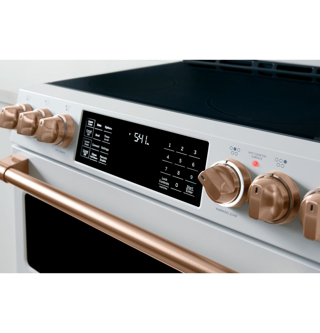 30-In 5 Burners 4.3-Cu Ft , 2.4-Cu Ft Air Fry Convection Oven Slide-In Double Induction Range ( Matte White with Brushed Bronze Handles )