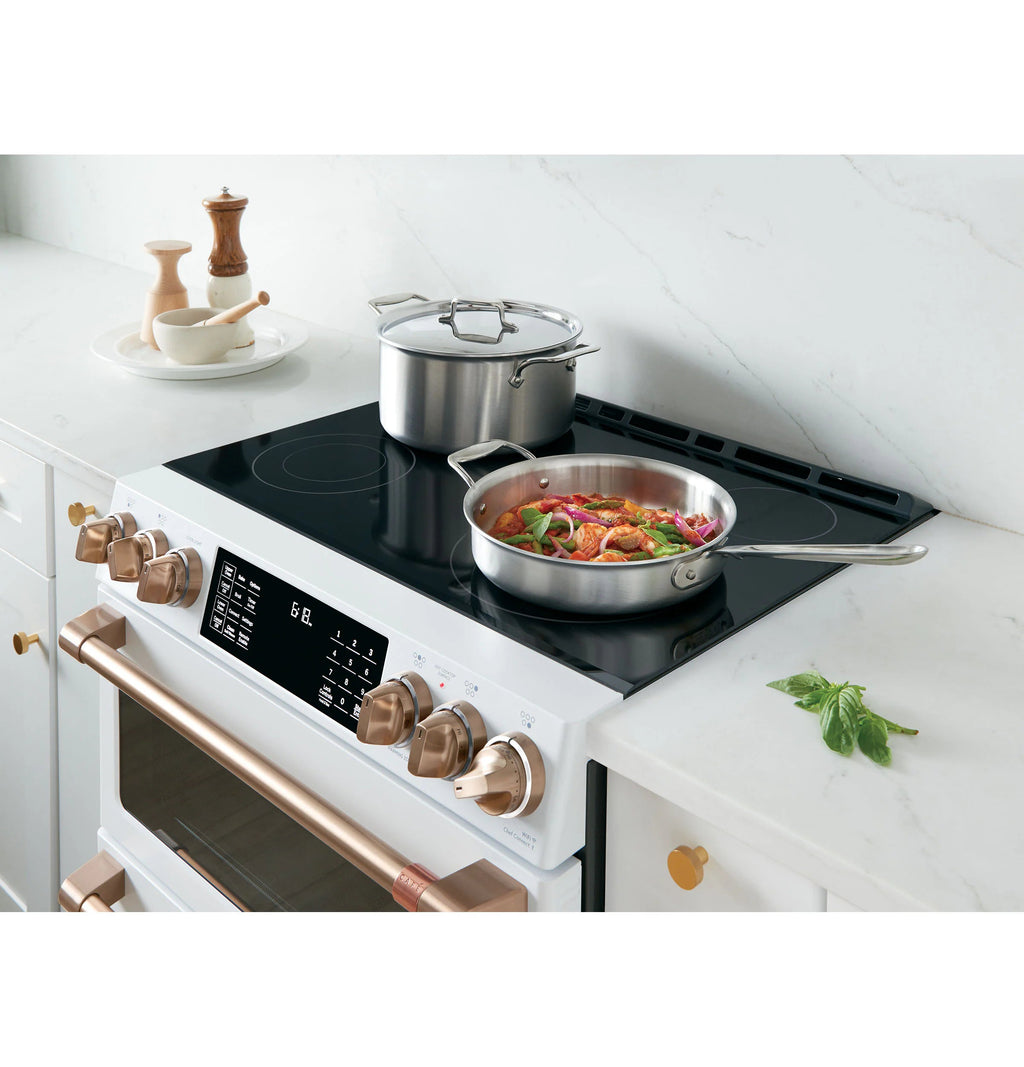 30-In Glass Top 5 Burners 4.4-Cu Ft / 2.2-Cu Ft Air Fry Convection Oven Slide-In Double Oven Electric Range ( Matte White with Brushed Bronze Handles )