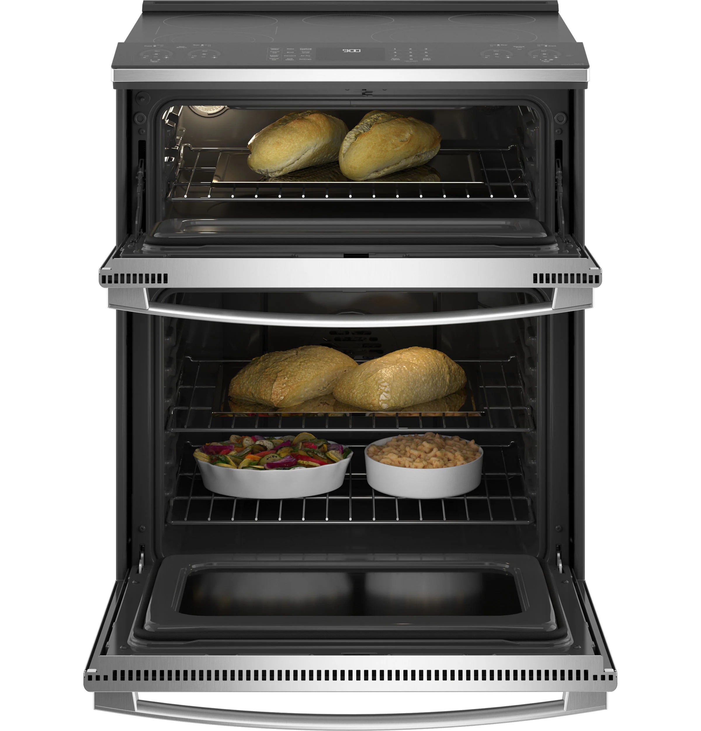Profile 30-In Glass Top 5 Burners 4.4-Cu Ft / 2.2-Cu Ft Air Fry Convection Oven Slide-In Double Oven Electric Ran ( Finrprint Resistant Stainless Steel )