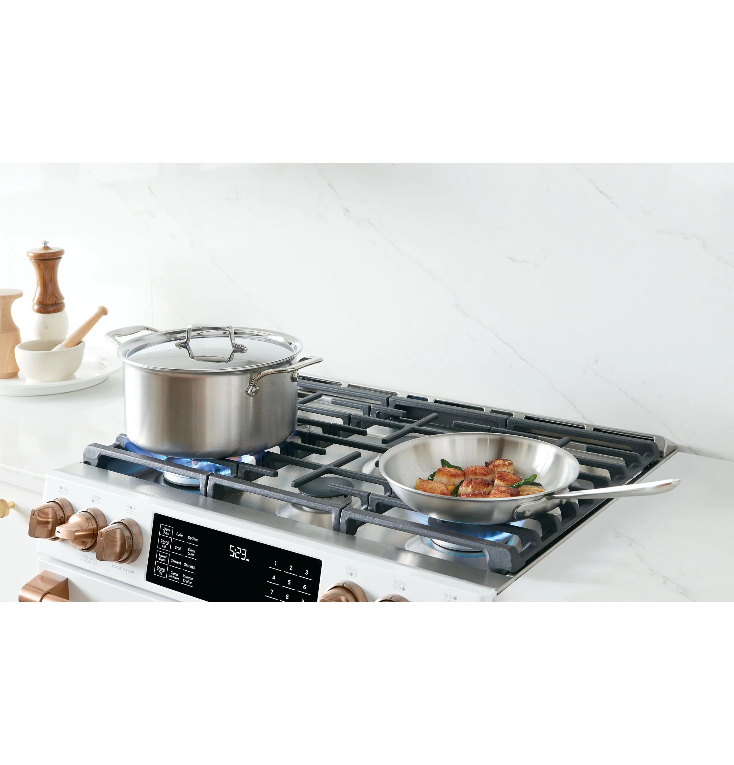 30-In 6 Burners 4.3-Cu Ft / 2.4-Cu Ft Air Fry Convection Oven Slide-In Double Oven Gas Range ( Matte White with Brushed Bronze Handles )