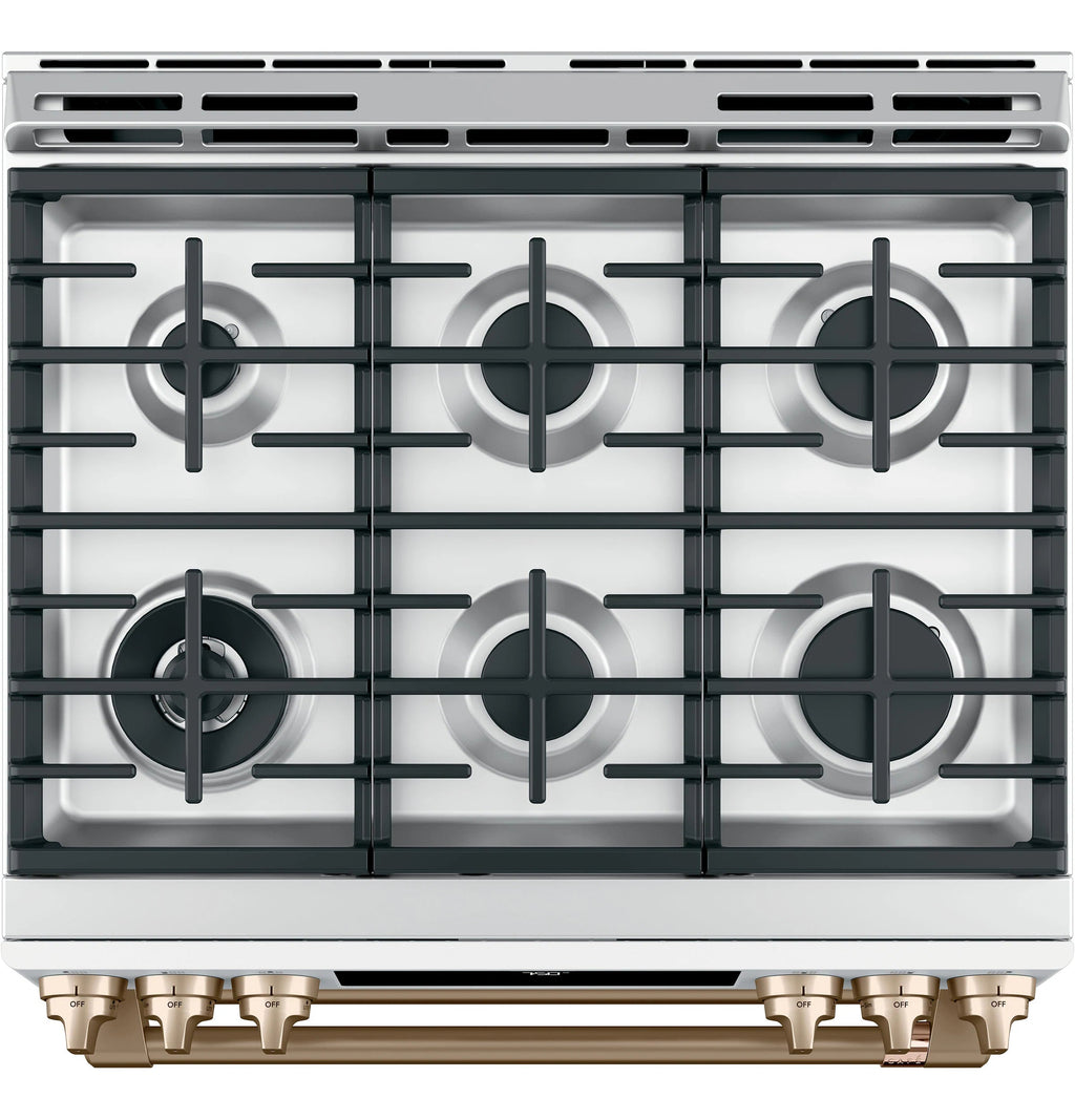 30-In 6 Burners 4.3-Cu Ft / 2.4-Cu Ft Air Fry Convection Oven Slide-In Double Oven Gas Range ( Matte White with Brushed Bronze Handles )