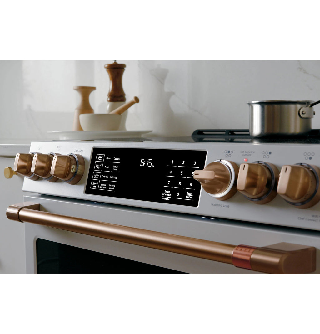 30-In Glass Top 5 Burners 4.4-Cu Ft / 2.2-Cu Ft Air Fry Convection Oven Slide-In Double Oven Electric Range ( Matte White with Brushed Bronze Handles )