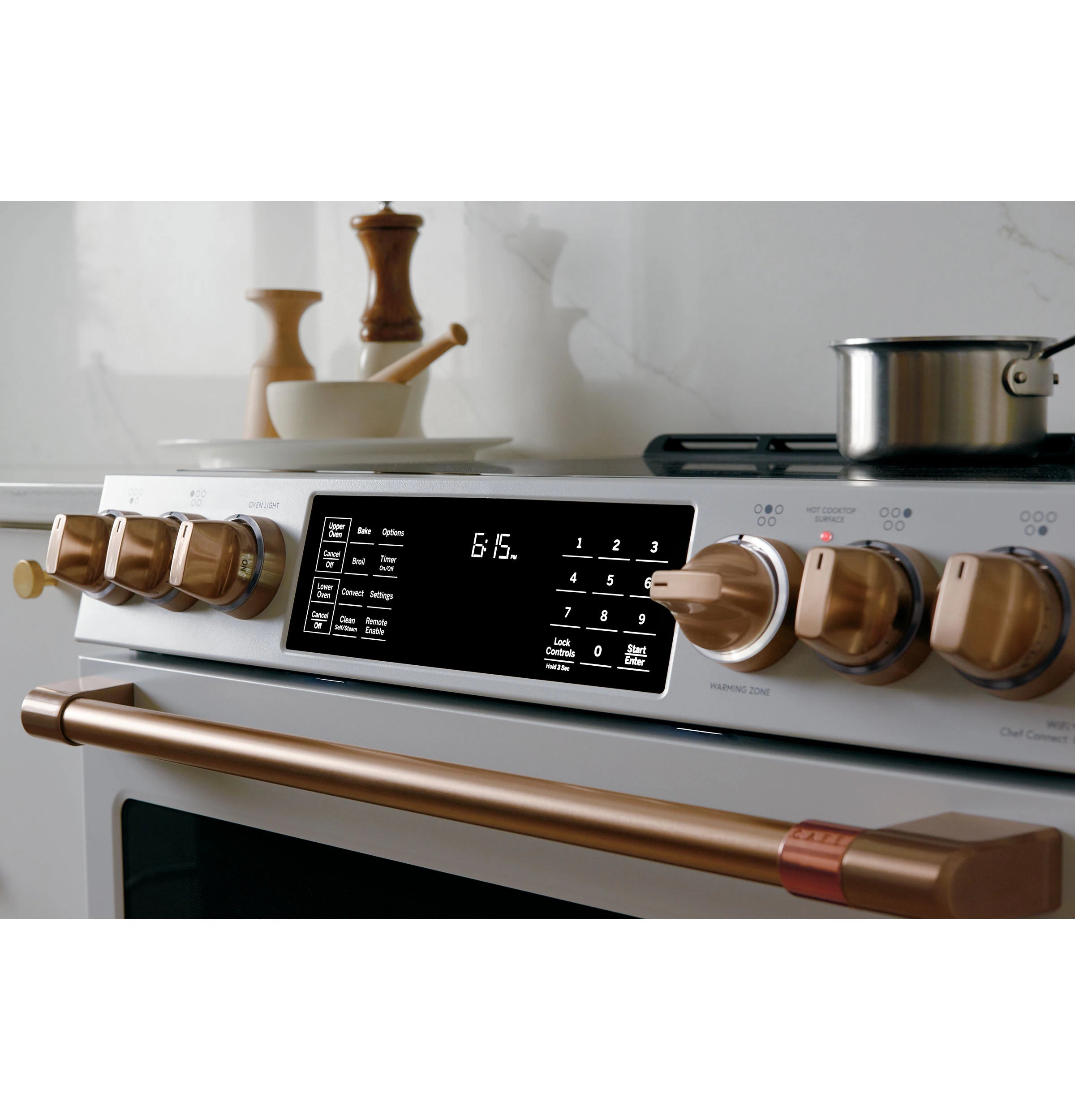 30-In Glass Top 5 Burners 4.4-Cu Ft / 2.2-Cu Ft Air Fry Convection Oven Slide-In Double Oven Electric Range ( Matte White with Brushed Bronze Handles )