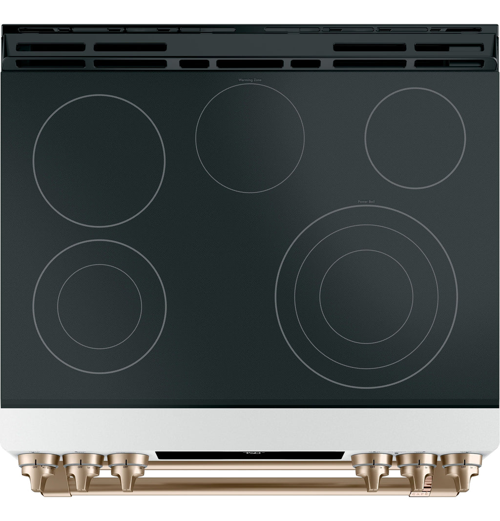 30-In Glass Top 5 Burners 4.4-Cu Ft / 2.2-Cu Ft Air Fry Convection Oven Slide-In Double Oven Electric Range ( Matte White with Brushed Bronze Handles )