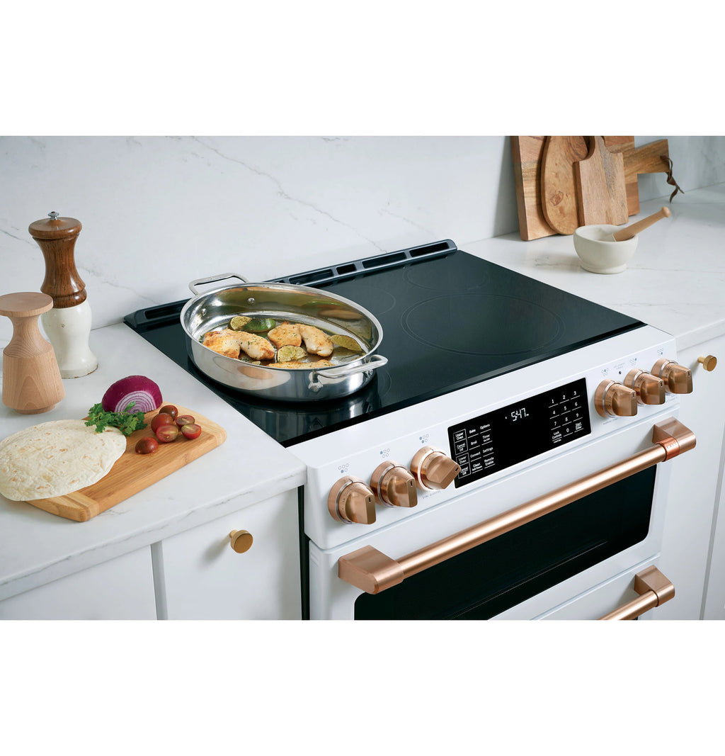 30-In 5 Burners 4.3-Cu Ft , 2.4-Cu Ft Air Fry Convection Oven Slide-In Double Induction Range ( Matte White with Brushed Bronze Handles )