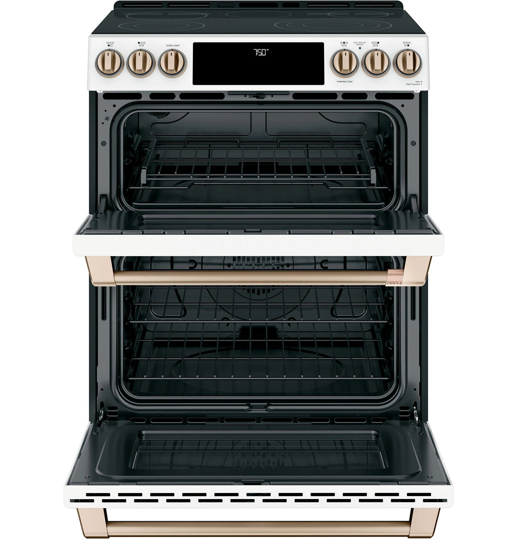 30-In Glass Top 5 Burners 4.4-Cu Ft / 2.2-Cu Ft Air Fry Convection Oven Slide-In Double Oven Electric Range ( Matte White with Brushed Bronze Handles )
