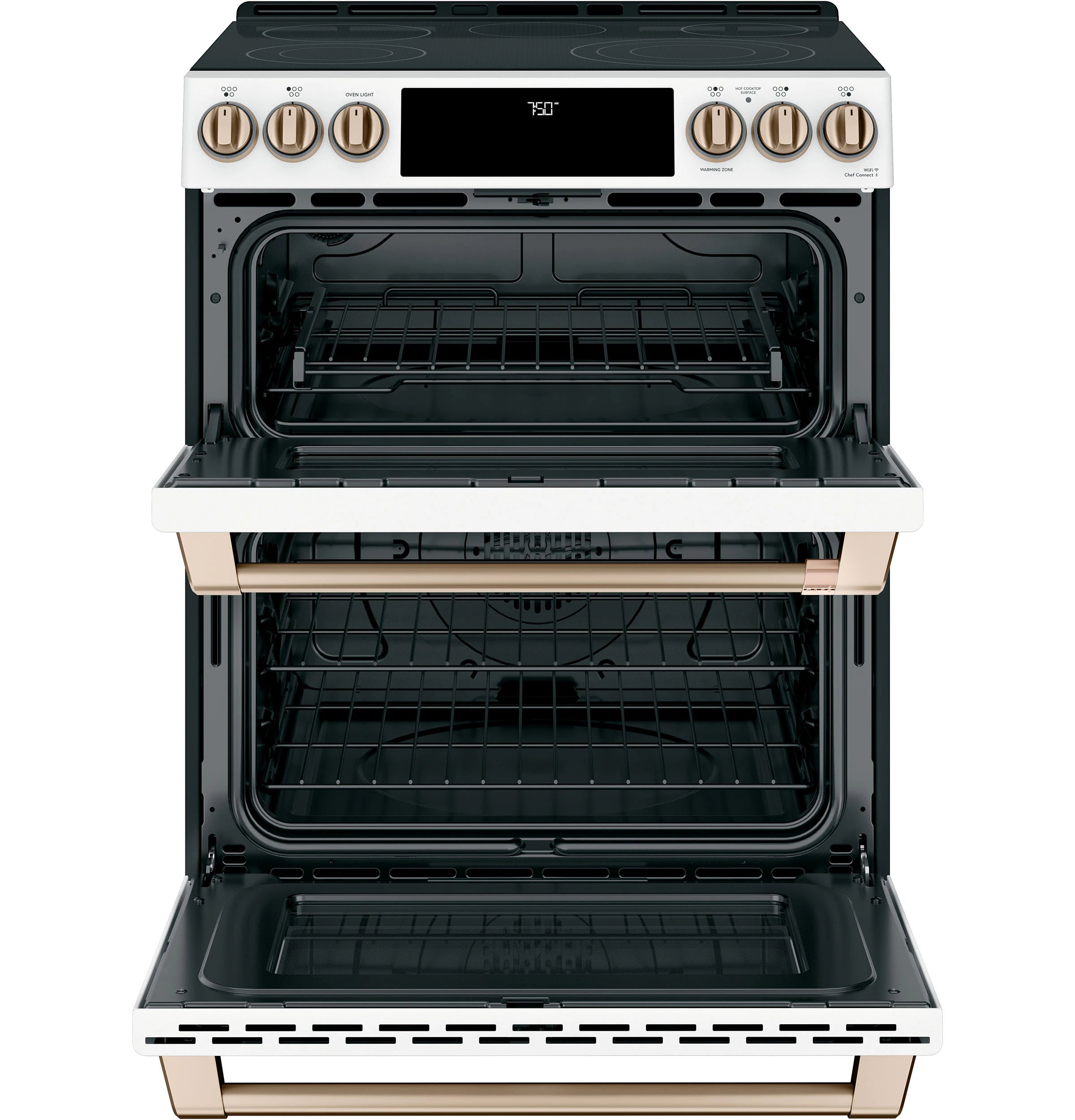 30-In Glass Top 5 Burners 4.4-Cu Ft / 2.2-Cu Ft Air Fry Convection Oven Slide-In Double Oven Electric Range ( Matte White with Brushed Bronze Handles )