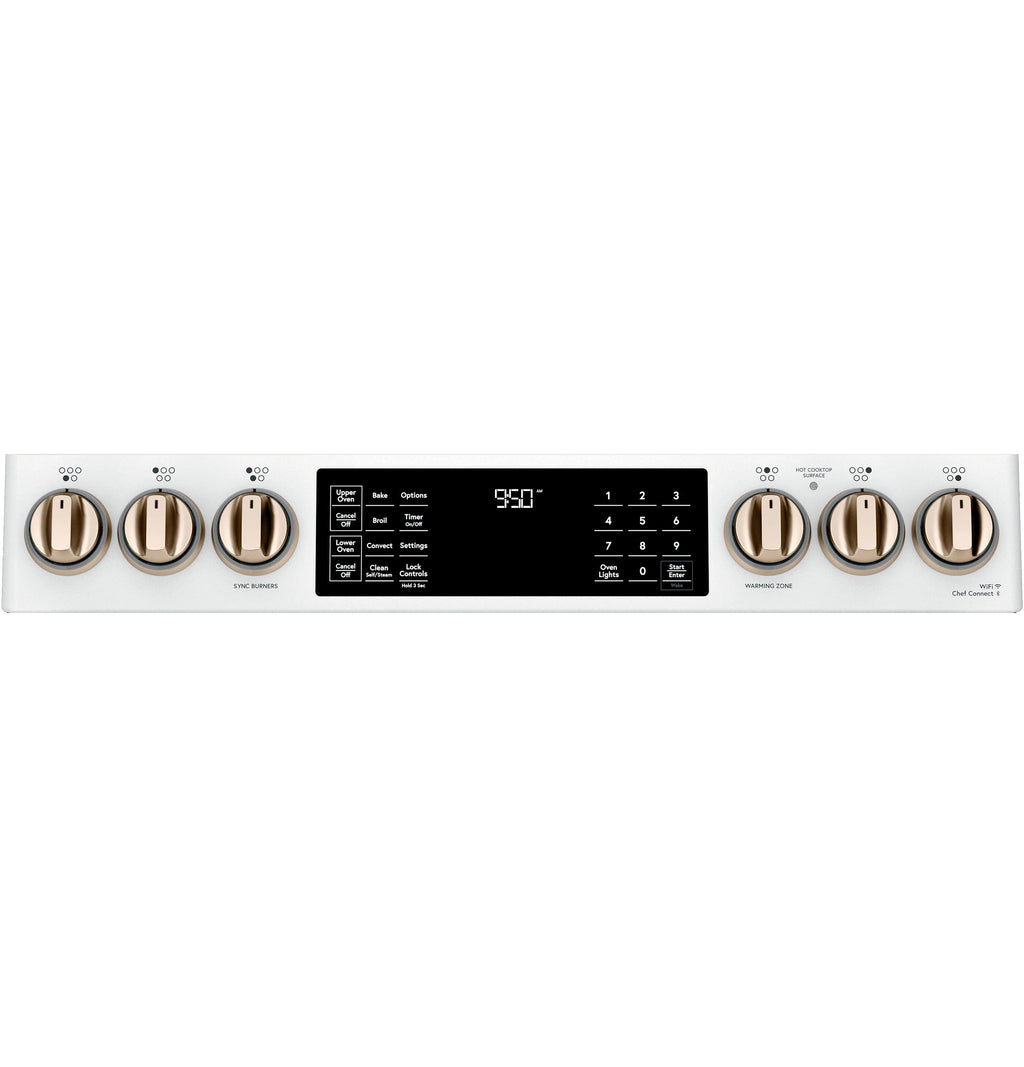 30-In 5 Burners 4.3-Cu Ft , 2.4-Cu Ft Air Fry Convection Oven Slide-In Double Induction Range ( Matte White with Brushed Bronze Handles )
