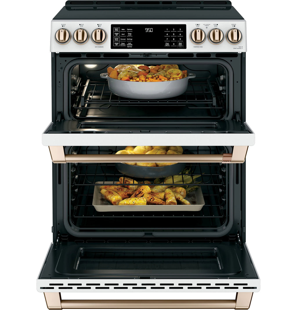30-In 5 Burners 4.3-Cu Ft , 2.4-Cu Ft Air Fry Convection Oven Slide-In Double Induction Range ( Matte White with Brushed Bronze Handles )