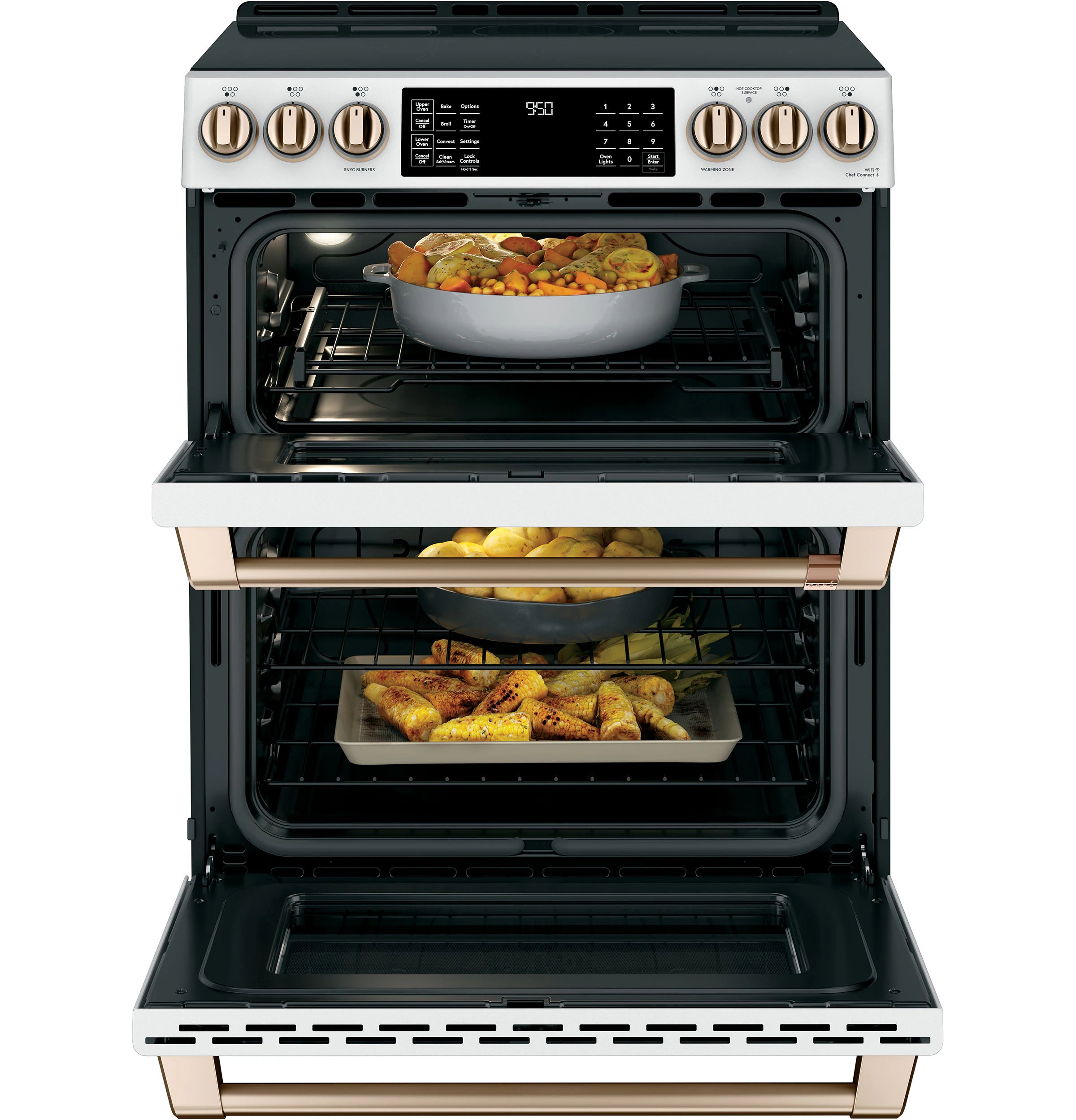 30-In 5 Burners 4.3-Cu Ft , 2.4-Cu Ft Air Fry Convection Oven Slide-In Double Induction Range ( Matte White with Brushed Bronze Handles )
