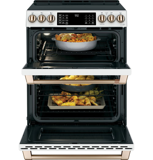 30-In 5 Burners 4.3-Cu Ft , 2.4-Cu Ft Air Fry Convection Oven Slide-In Double Induction Range ( Matte White with Brushed Bronze Handles )
