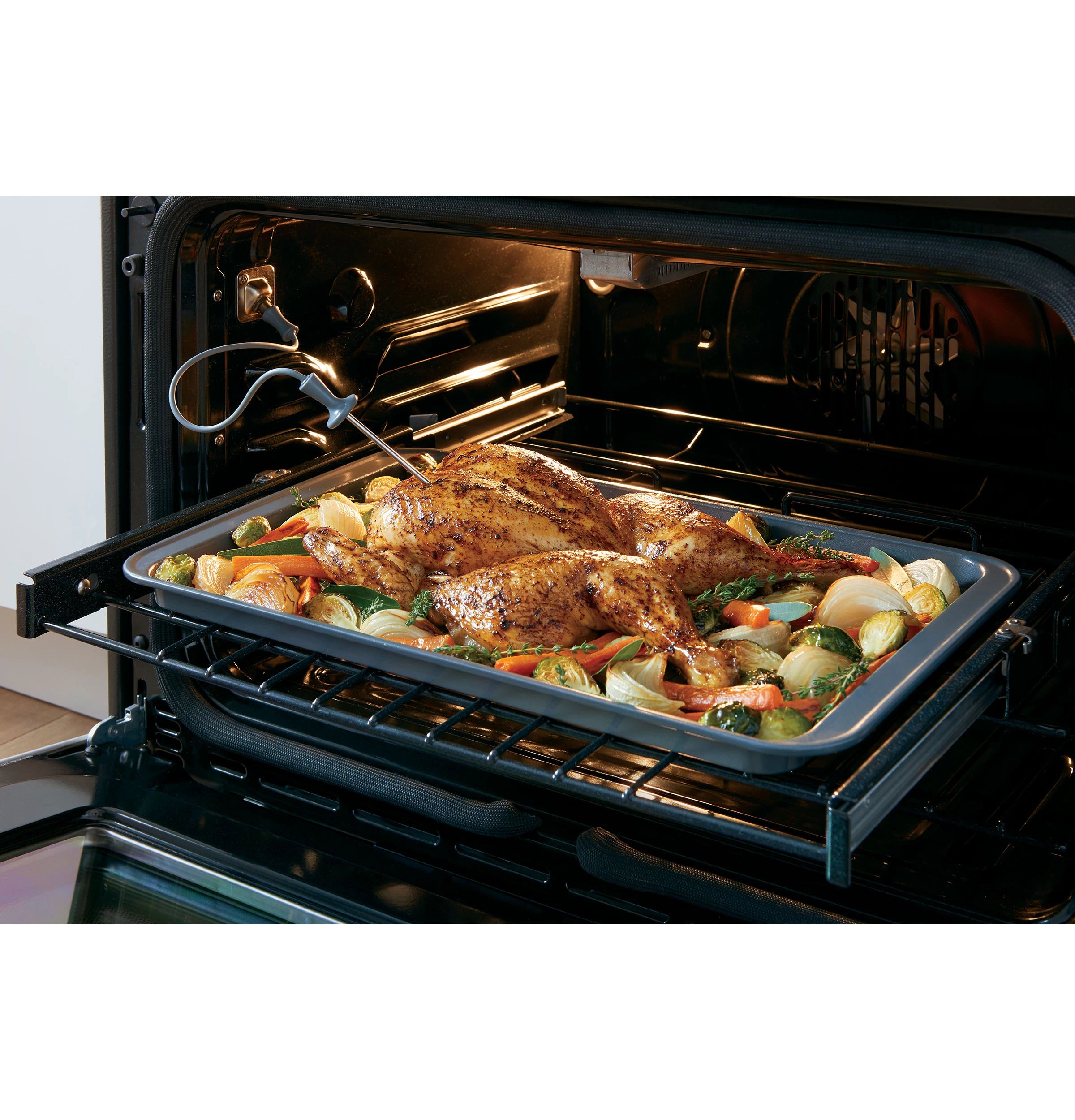 30-In Glass Top 5 Burners 4.4-Cu Ft / 2.2-Cu Ft Air Fry Convection Oven Slide-In Double Oven Electric Range ( Matte White with Brushed Bronze Handles )
