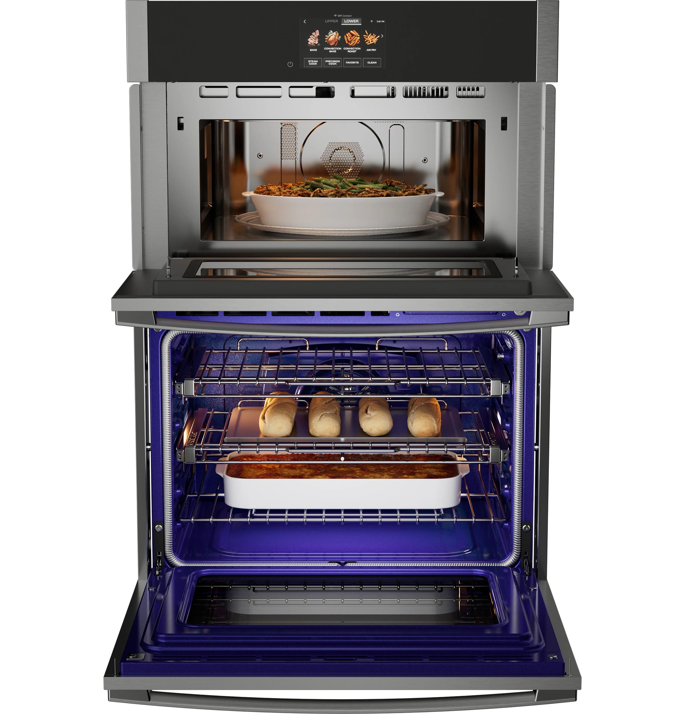 Profile 30 Inch Self + Steam Cleaning Air Fry Microwave Wall Oven Combo ( Stainless Steel )