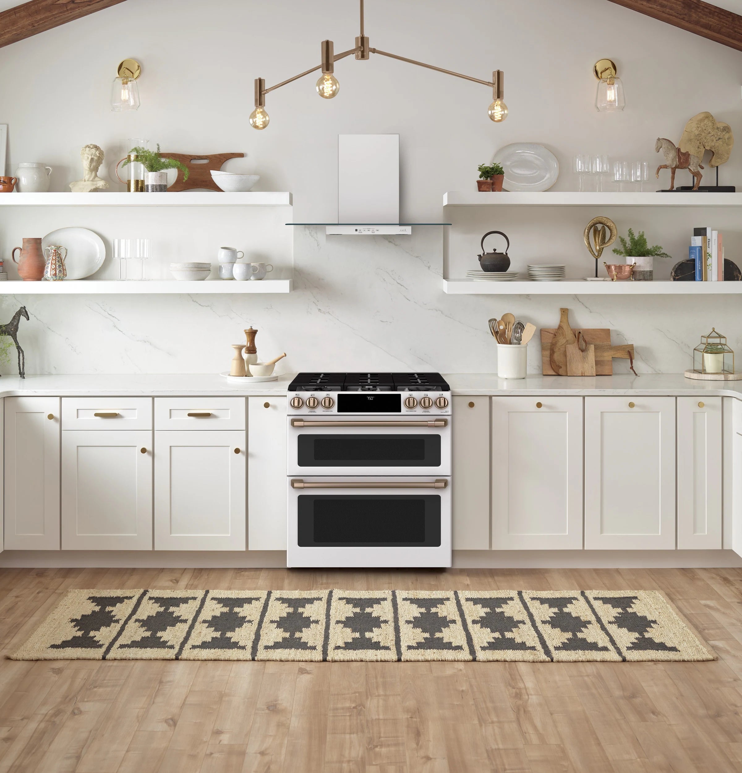 30-In 6 Burners 4.3-Cu Ft / 2.4-Cu Ft Air Fry Convection Oven Slide-In Double Oven Gas Range ( Matte White with Brushed Bronze Handles )