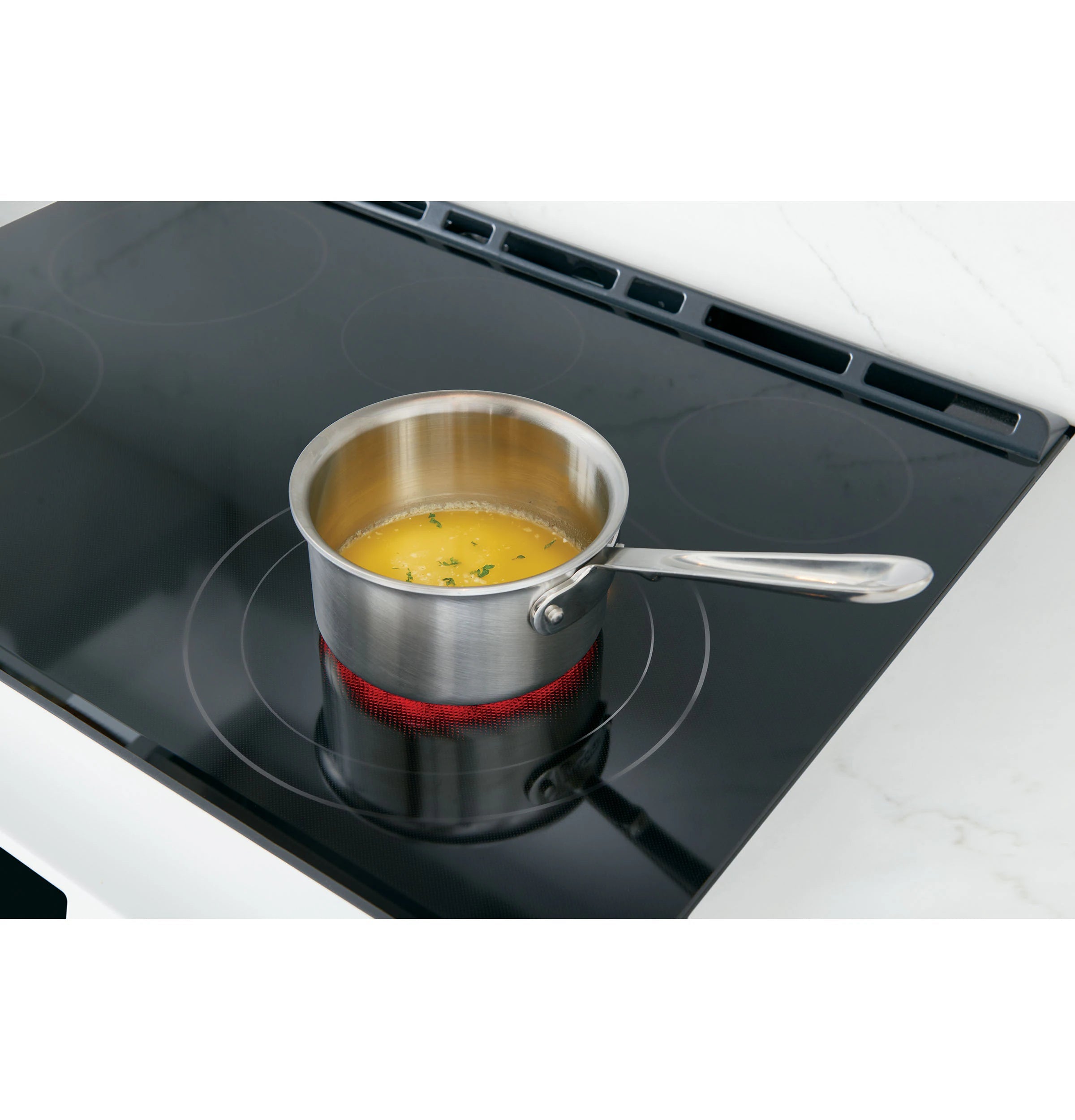 30-In Glass Top 5 Burners 4.4-Cu Ft / 2.2-Cu Ft Air Fry Convection Oven Slide-In Double Oven Electric Range ( Matte White with Brushed Bronze Handles )