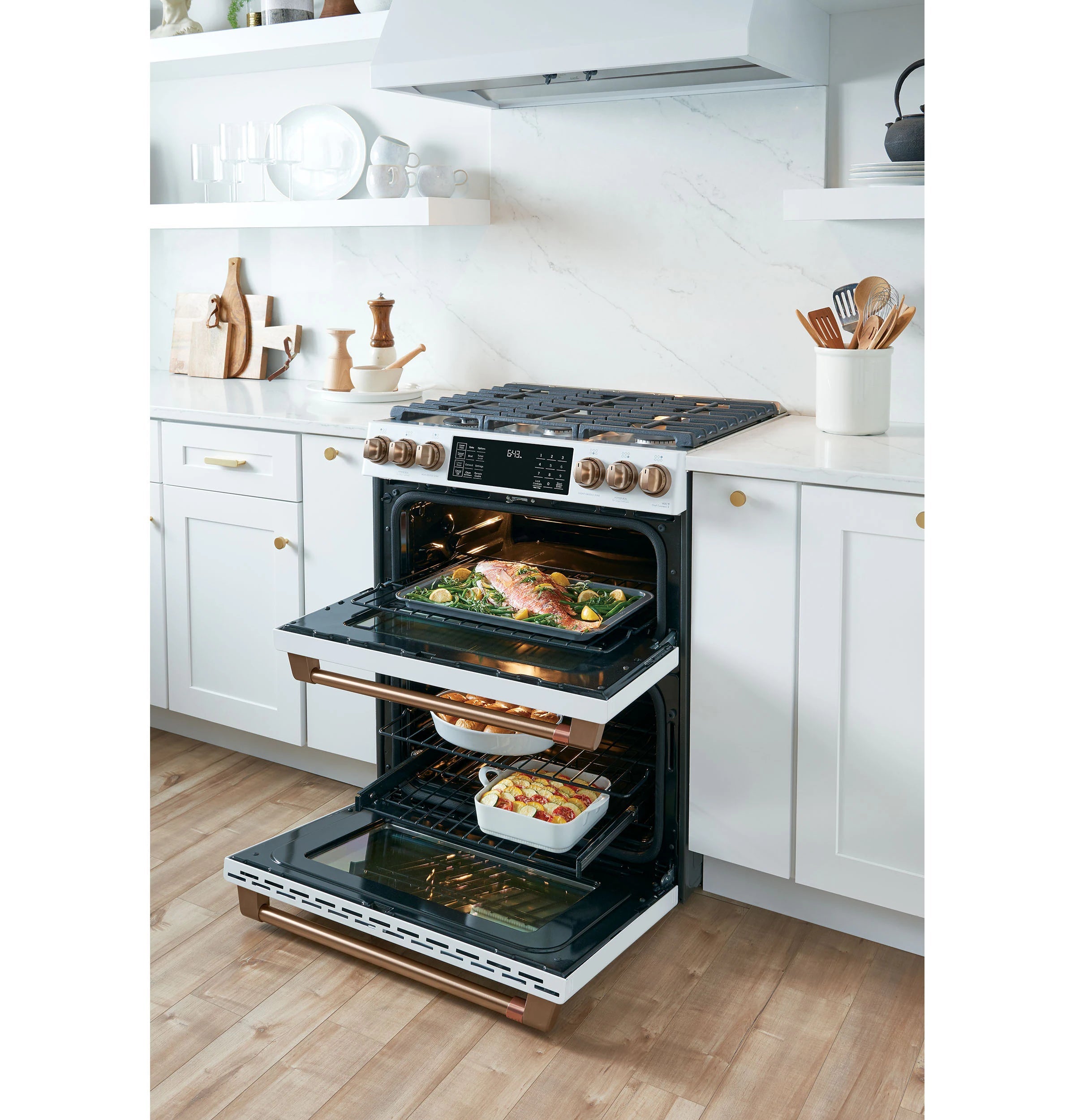 30-In 6 Burners 4.3-Cu Ft / 2.4-Cu Ft Air Fry Convection Oven Slide-In Double Oven Gas Range ( Matte White with Brushed Bronze Handles )