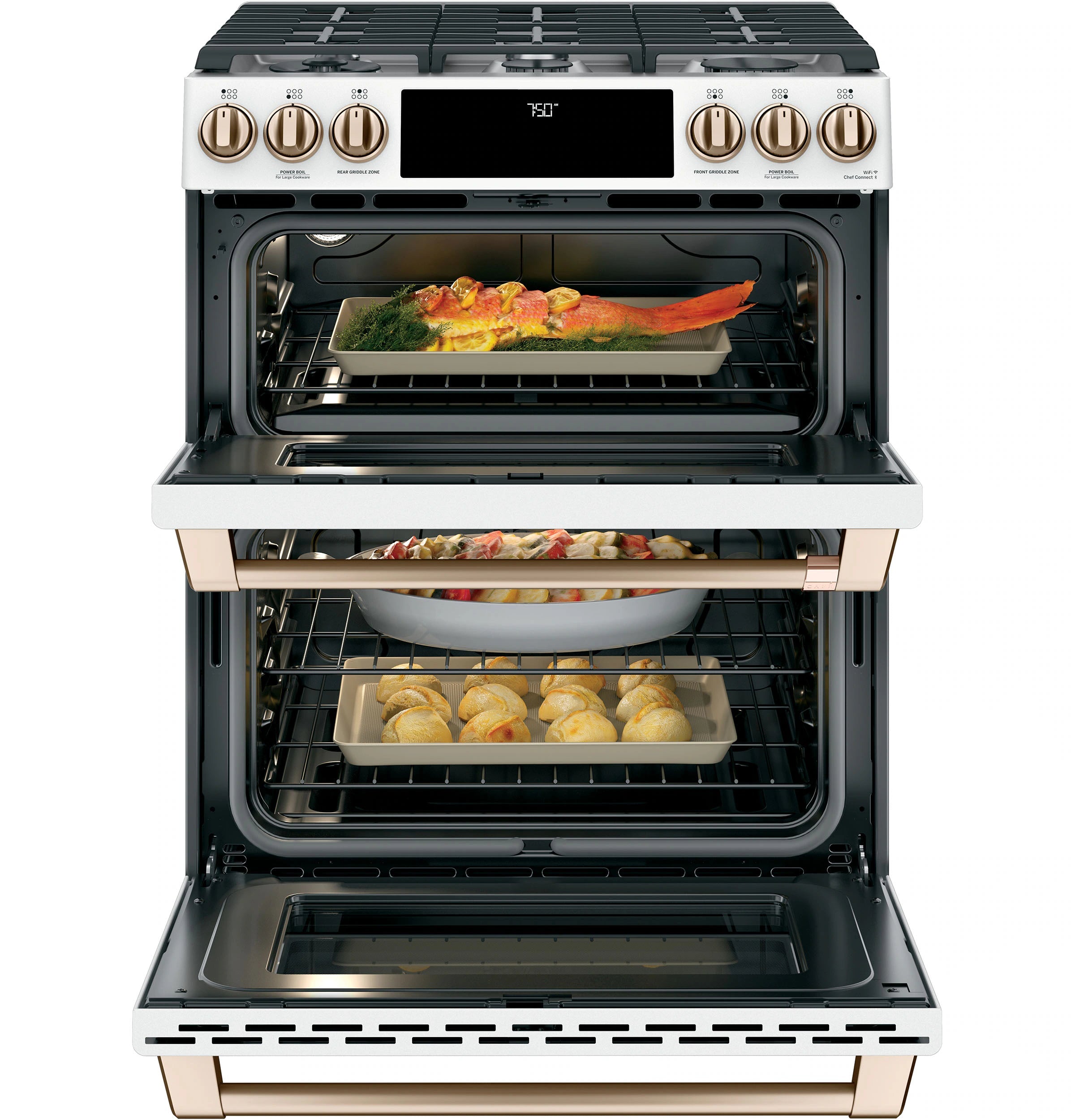 30-In 6 Burners 4.3-Cu Ft / 2.4-Cu Ft Air Fry Convection Oven Slide-In Double Oven Gas Range ( Matte White with Brushed Bronze Handles )