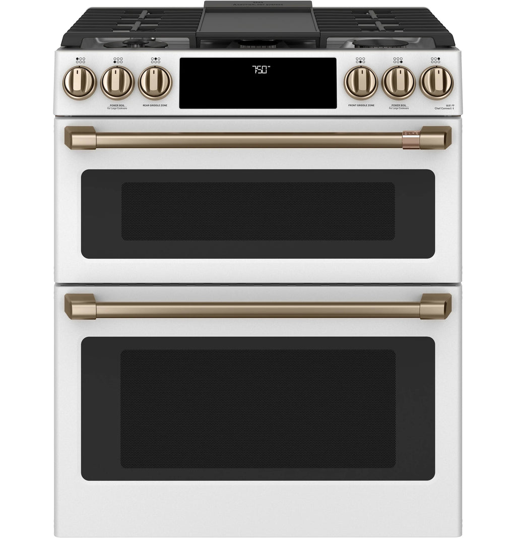 30-In 6 Burners 4.3-Cu Ft / 2.4-Cu Ft Air Fry Convection Oven Slide-In Double Oven Gas Range ( Matte White with Brushed Bronze Handles )