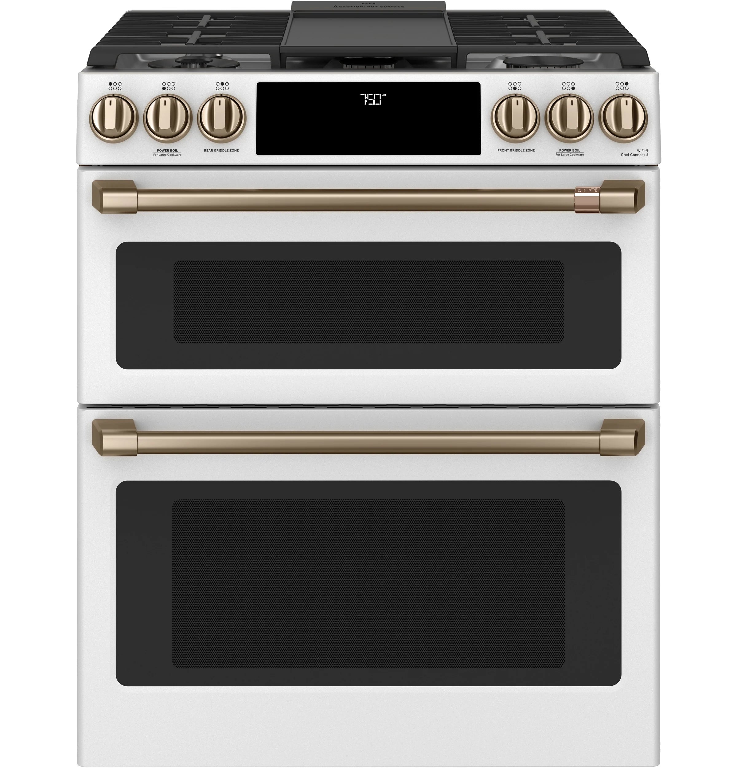 30-In 6 Burners 4.3-Cu Ft / 2.4-Cu Ft Air Fry Convection Oven Slide-In Double Oven Gas Range ( Matte White with Brushed Bronze Handles )