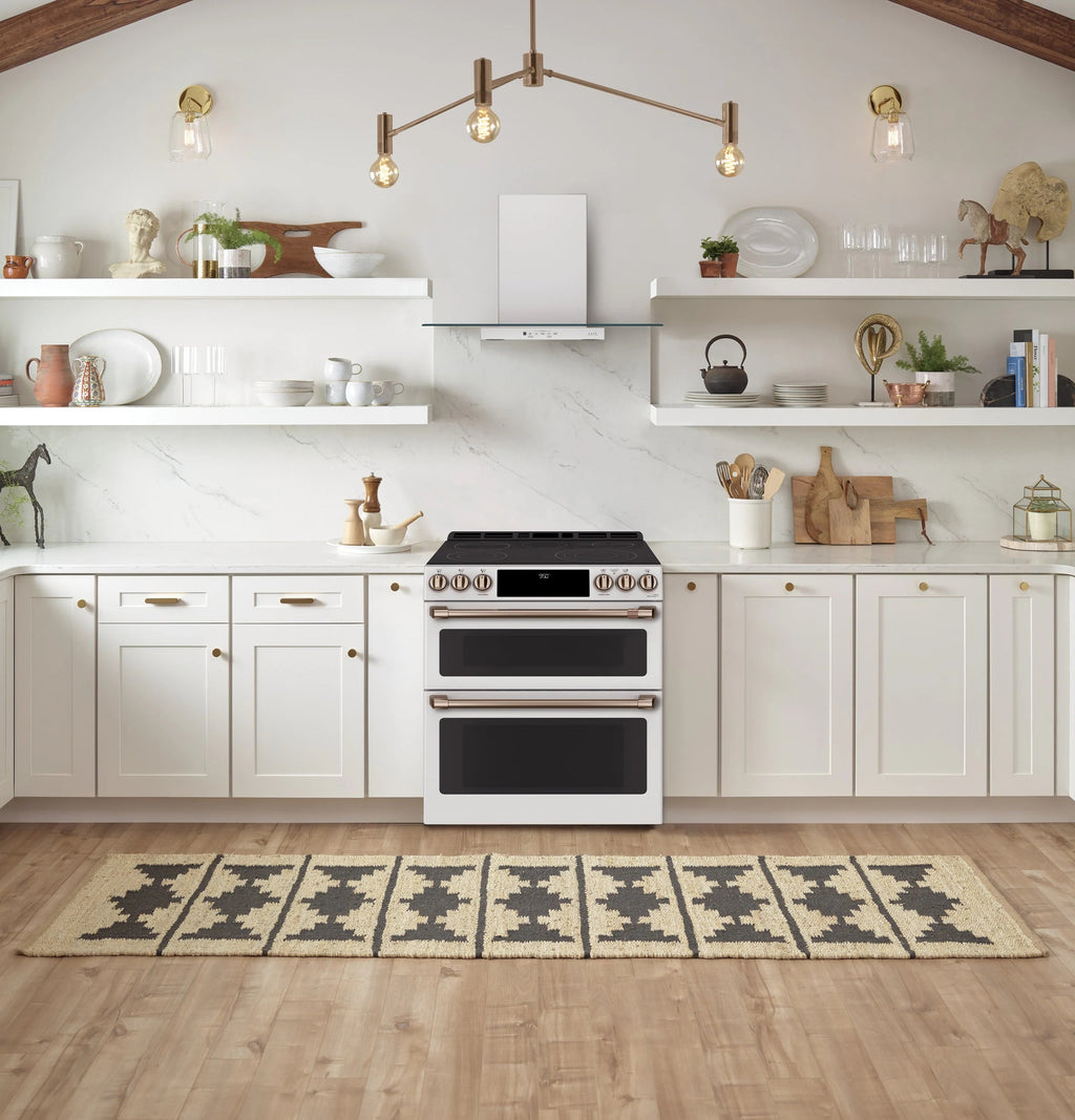 30-In 5 Burners 4.3-Cu Ft , 2.4-Cu Ft Air Fry Convection Oven Slide-In Double Induction Range ( Matte White with Brushed Bronze Handles )