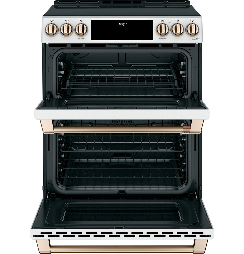 30-In 5 Burners 4.3-Cu Ft , 2.4-Cu Ft Air Fry Convection Oven Slide-In Double Induction Range ( Matte White with Brushed Bronze Handles )