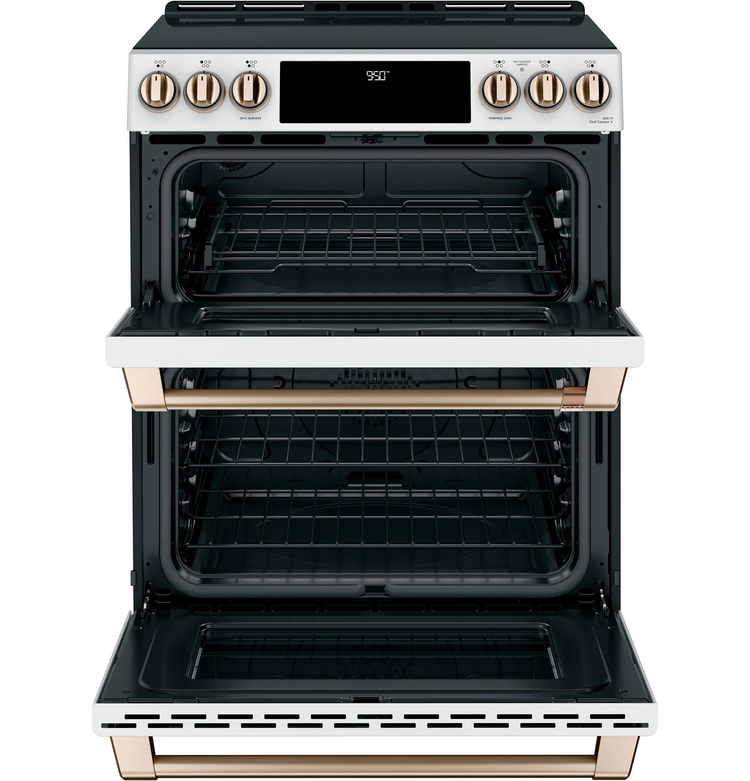 30-In 5 Burners 4.3-Cu Ft , 2.4-Cu Ft Air Fry Convection Oven Slide-In Double Induction Range ( Matte White with Brushed Bronze Handles )