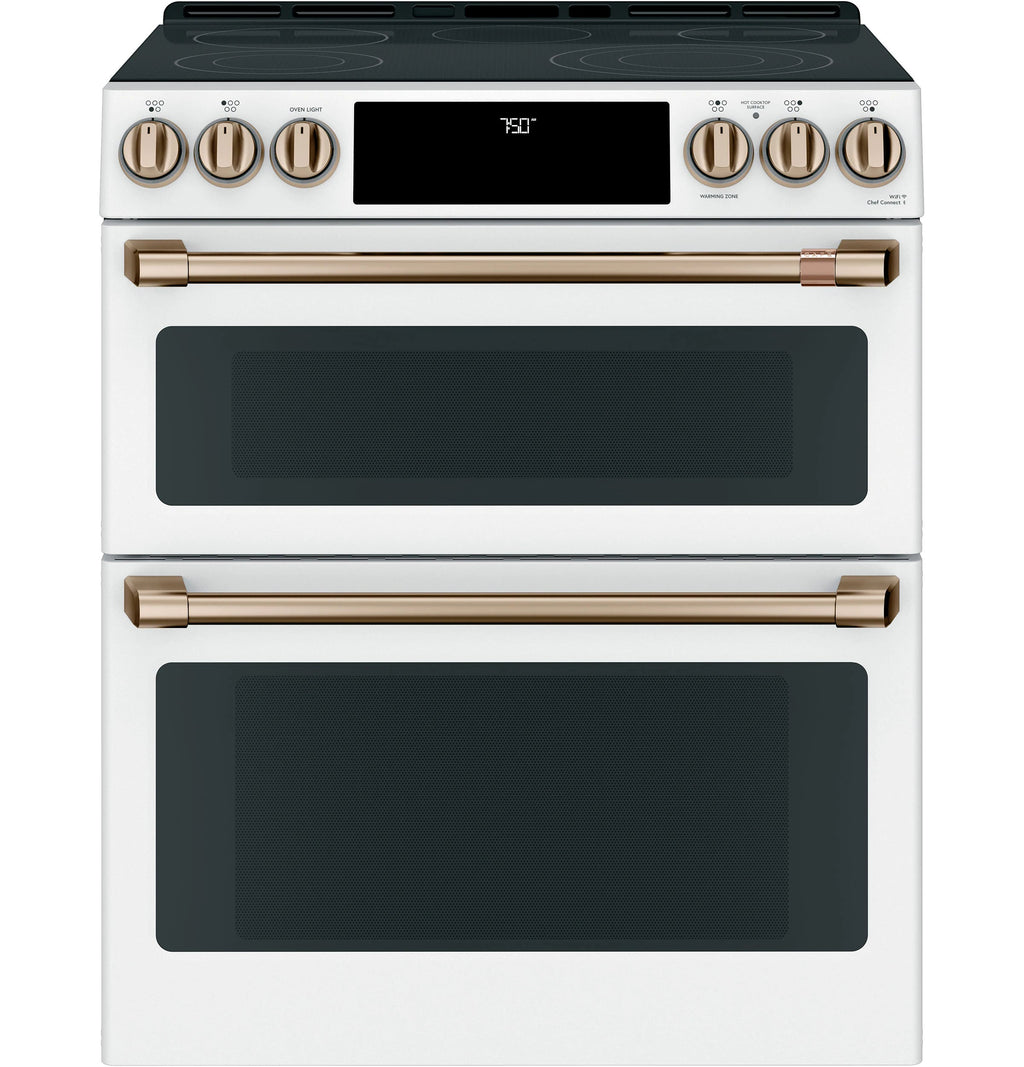 30-In Glass Top 5 Burners 4.4-Cu Ft / 2.2-Cu Ft Air Fry Convection Oven Slide-In Double Oven Electric Range ( Matte White with Brushed Bronze Handles )