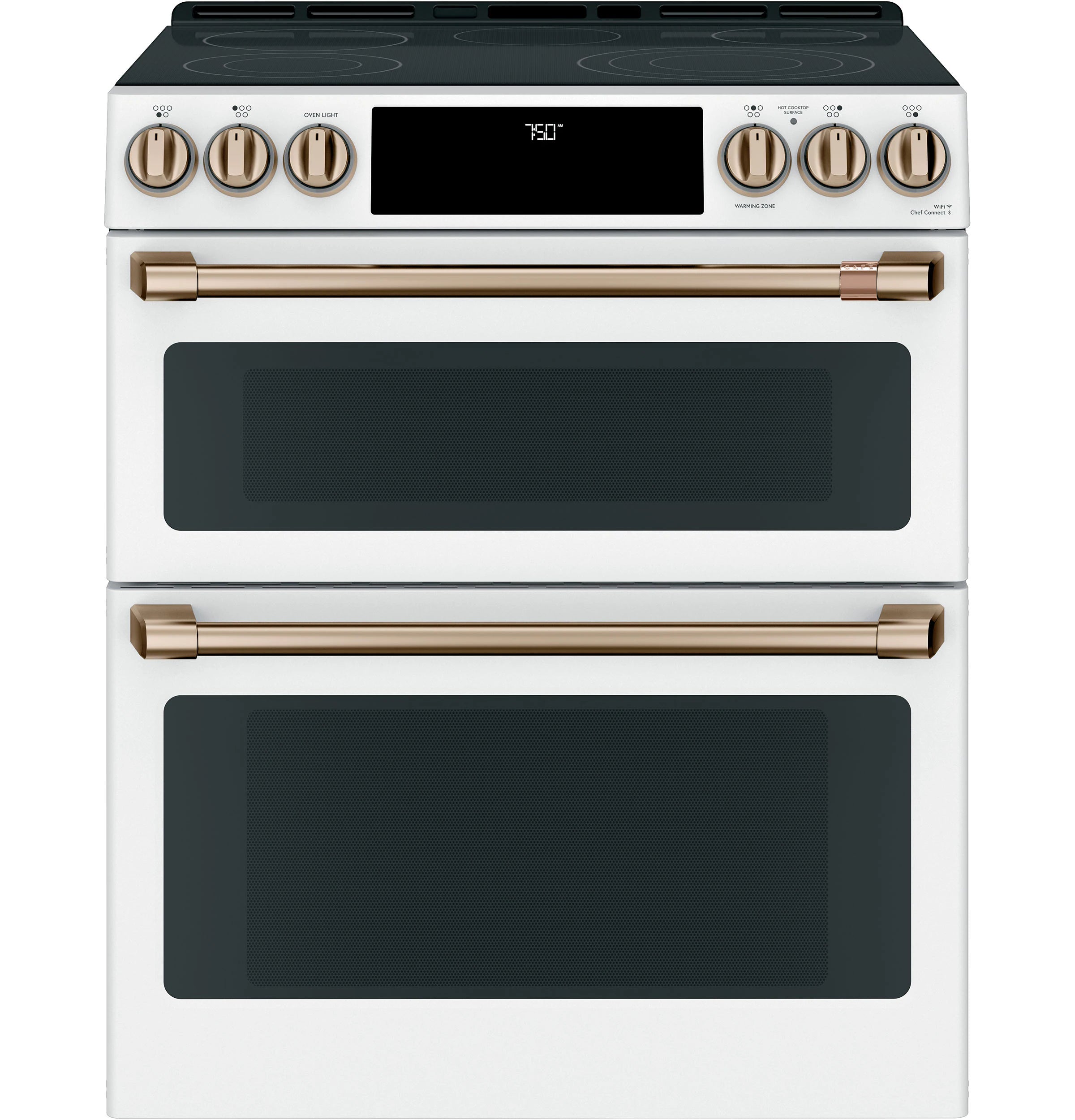 30-In Glass Top 5 Burners 4.4-Cu Ft / 2.2-Cu Ft Air Fry Convection Oven Slide-In Double Oven Electric Range ( Matte White with Brushed Bronze Handles )