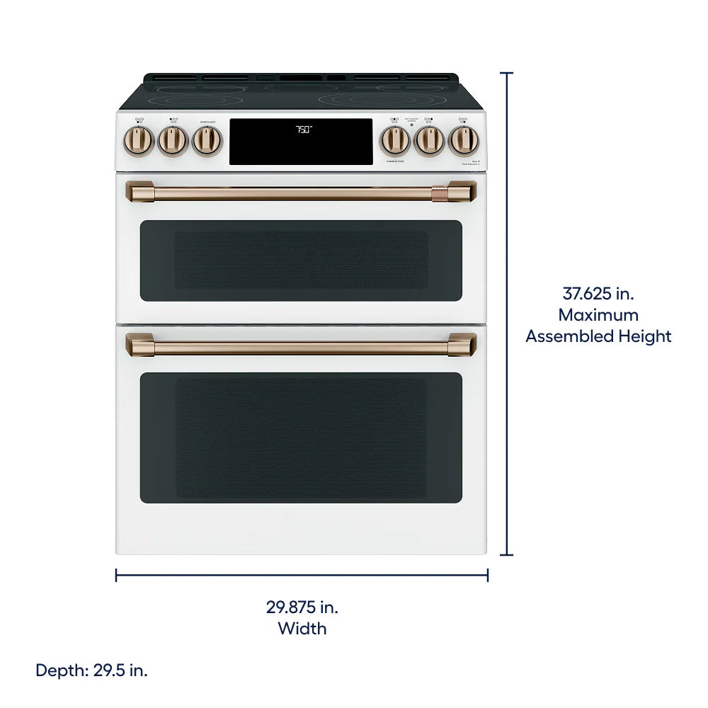 30-In Glass Top 5 Burners 4.4-Cu Ft / 2.2-Cu Ft Air Fry Convection Oven Slide-In Double Oven Electric Range ( Matte White with Brushed Bronze Handles )