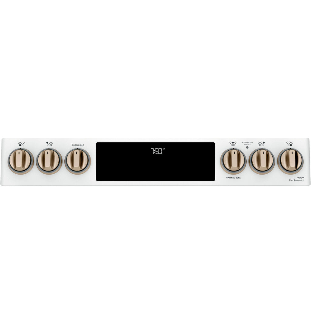 30-In Glass Top 5 Burners 4.4-Cu Ft / 2.2-Cu Ft Air Fry Convection Oven Slide-In Double Oven Electric Range ( Matte White with Brushed Bronze Handles )