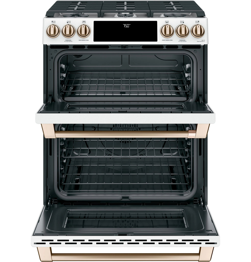 30-In 6 Burners 4.3-Cu Ft / 2.4-Cu Ft Air Fry Convection Oven Slide-In Double Oven Gas Range ( Matte White with Brushed Bronze Handles )