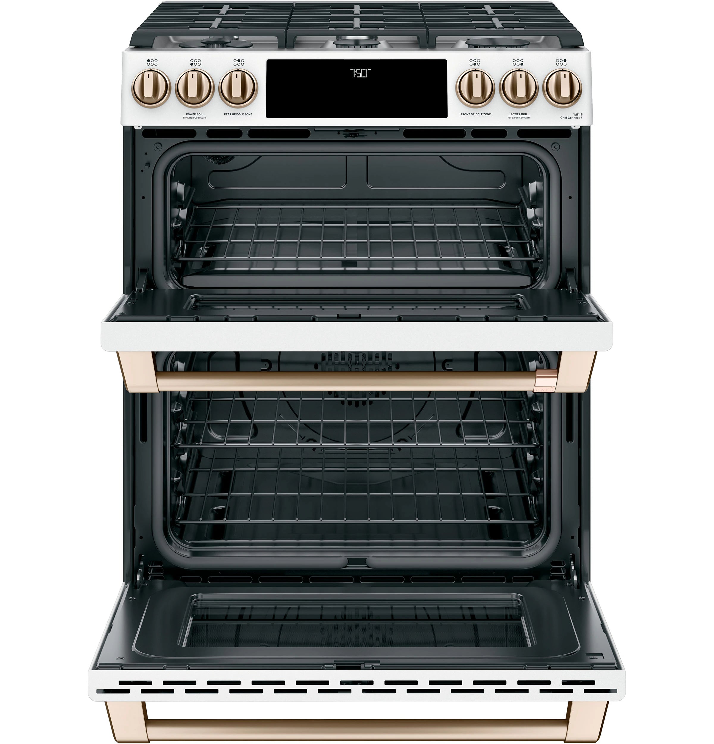 30-In 6 Burners 4.3-Cu Ft / 2.4-Cu Ft Air Fry Convection Oven Slide-In Double Oven Gas Range ( Matte White with Brushed Bronze Handles )