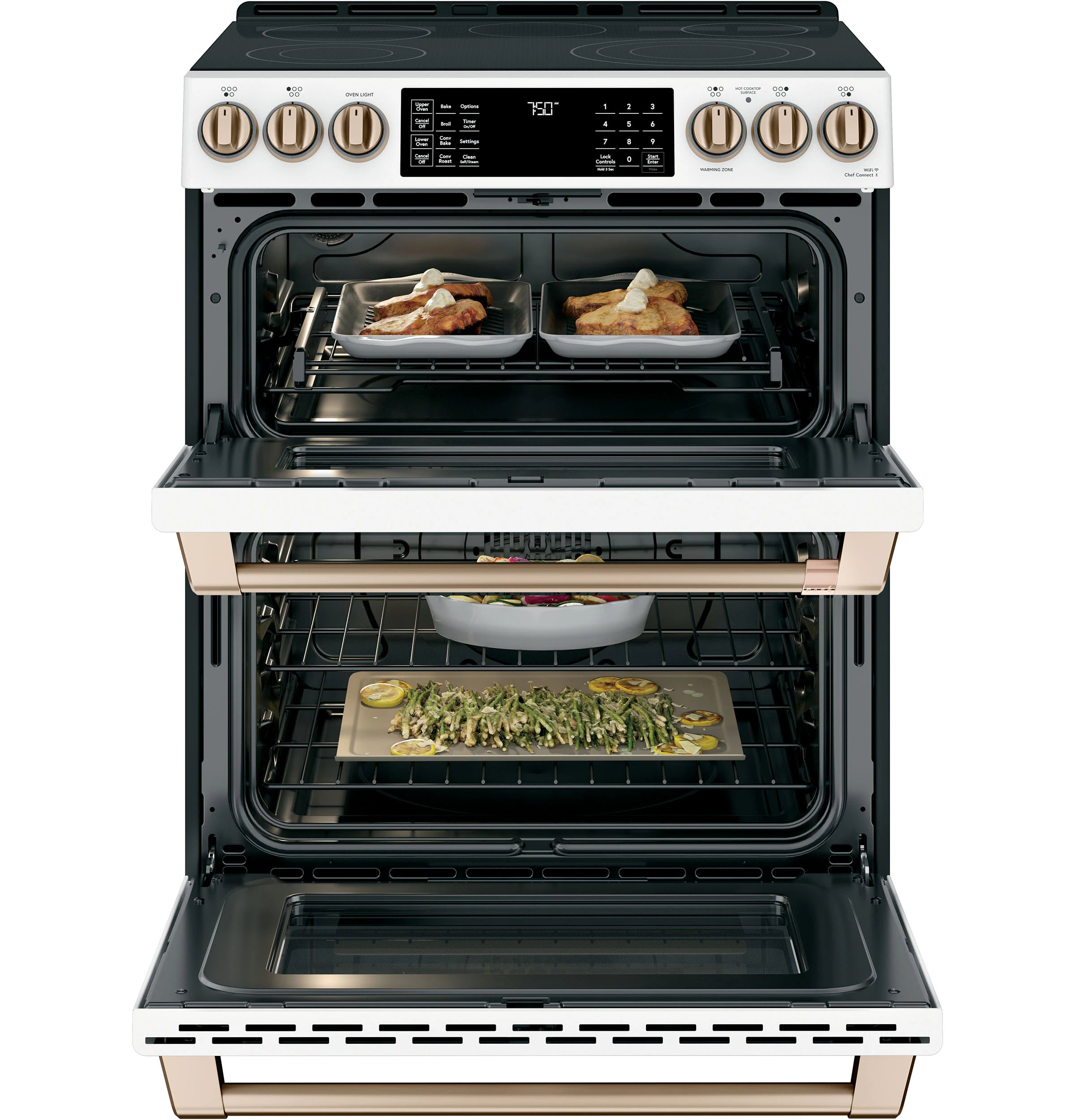 30-In Glass Top 5 Burners 4.4-Cu Ft / 2.2-Cu Ft Air Fry Convection Oven Slide-In Double Oven Electric Range ( Matte White with Brushed Bronze Handles )