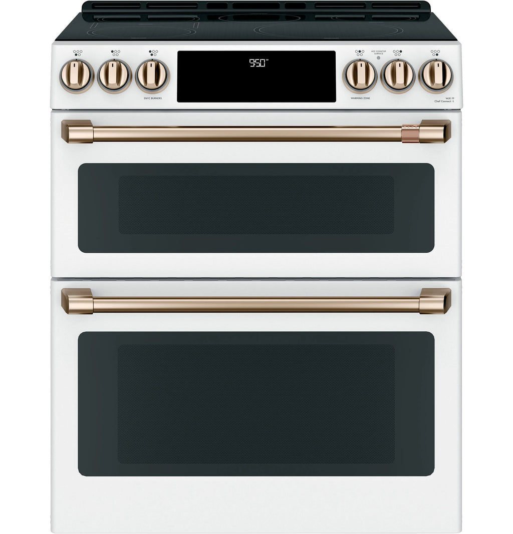 30-In 5 Burners 4.3-Cu Ft , 2.4-Cu Ft Air Fry Convection Oven Slide-In Double Induction Range ( Matte White with Brushed Bronze Handles )