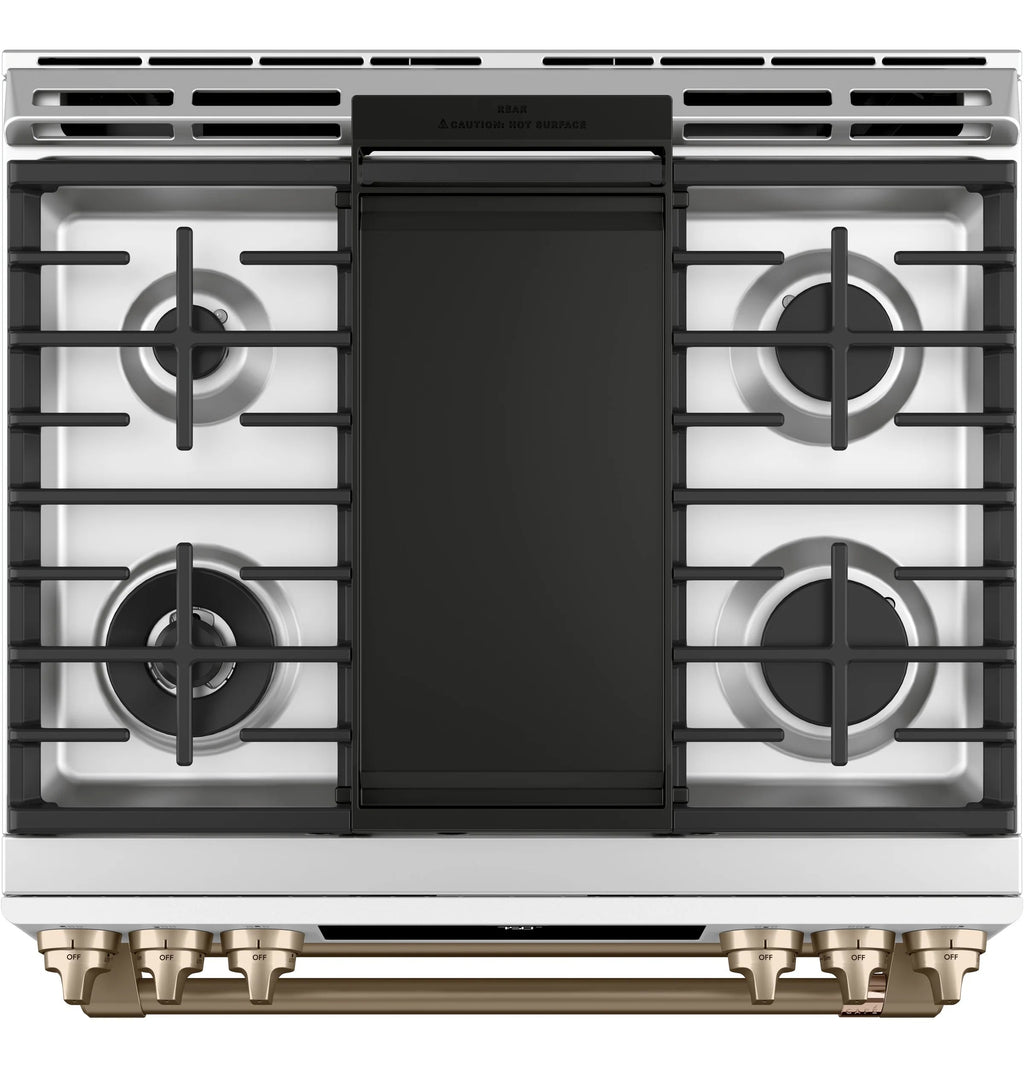 30-In 6 Burners 4.3-Cu Ft / 2.4-Cu Ft Air Fry Convection Oven Slide-In Double Oven Gas Range ( Matte White with Brushed Bronze Handles )