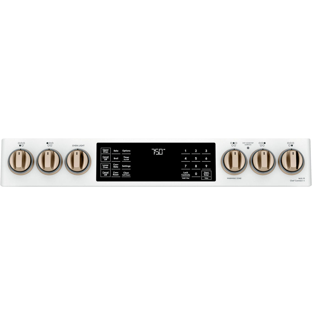 30-In Glass Top 5 Burners 4.4-Cu Ft / 2.2-Cu Ft Air Fry Convection Oven Slide-In Double Oven Electric Range ( Matte White with Brushed Bronze Handles )